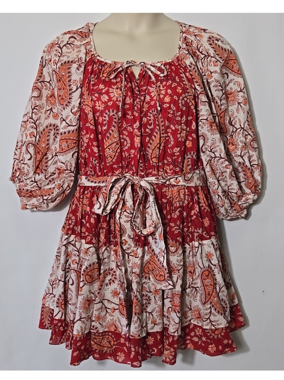 Charina Sarte Paisley Puff Sleeve Tiered Mini Dress Size M‎ Milkmaid Cottagecore